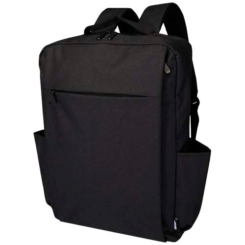 Schwarzer Libra 15" Laptop-Rucksack aus recyceltem Material mit Logo von Signalshop.de, nachhaltig, Werbeartikel.