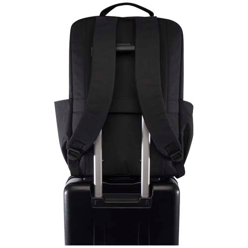 Schwarzer Libra 15" Laptop-Rucksack aus recyceltem GRS-Material auf Koffer, Signalshop.de Werbeartikel.