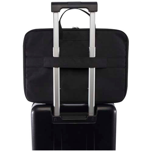 Schwarze 14” 2-in-1-Laptoptasche aus recyceltem Material auf Koffer. Individuell mit Logo gestaltbar. Signalshop.de Werbeartikel.