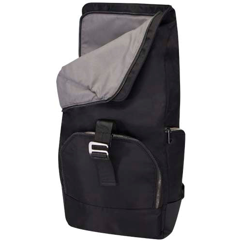 Schwarzer Rhine 15" Rolltop-Rucksack aus recyceltem GRS-Material, individuell mit Logo bedruckbar, erhältlich bei Signalshop.de, ideal als Werbeartikel, Werbegeschenk, Werbemittel, Giveaway.