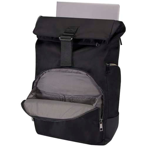 Schwarzer Rolltop-Rucksack aus recyceltem Material, individuell gestaltbar, Signalshop.de Werbegeschenke.
