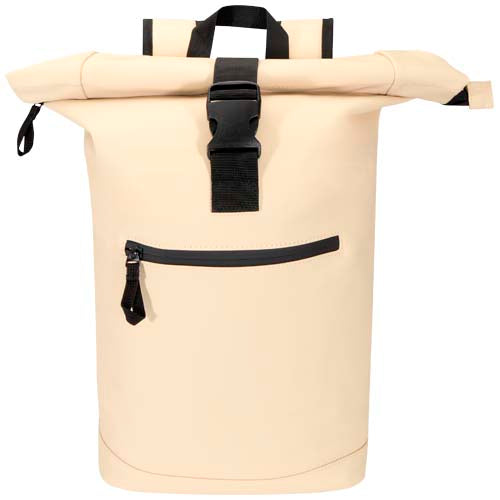 Beiger Rolltop-Rucksack aus recyceltem Material mit Logo bedruckt, Signalshop.de Werbeartikel, 18L.