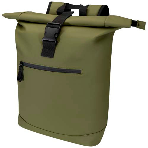 Grüner 15" Rolltop Rucksack aus recyceltem Material, individuell bedruckbar, von Signalshop.de. Werbeartikel.