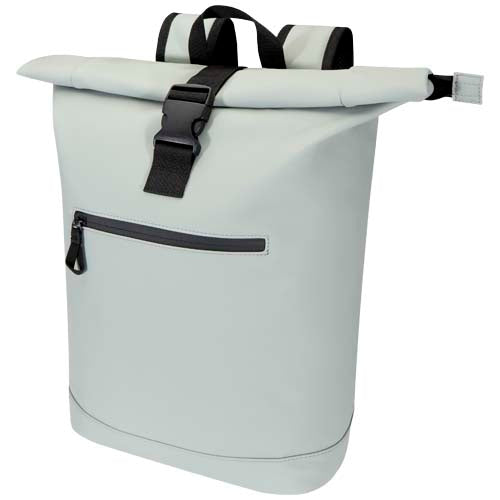 Grauer Rolltop-Rucksack aus GRS-recyceltem Material, individualisierbar mit Logo, erhältlich bei Signalshop.de, ideal als Werbeartikel.