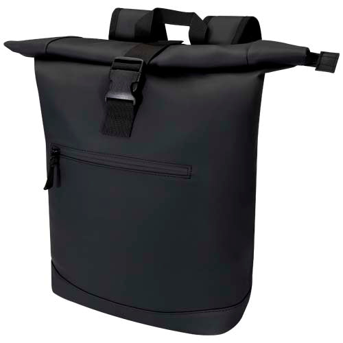 Schwarzer Resi Plus 15" Rolltop Rucksack aus recyceltem Material, individuell bedruckbar, bei Signalshop.de als Werbeartikel.