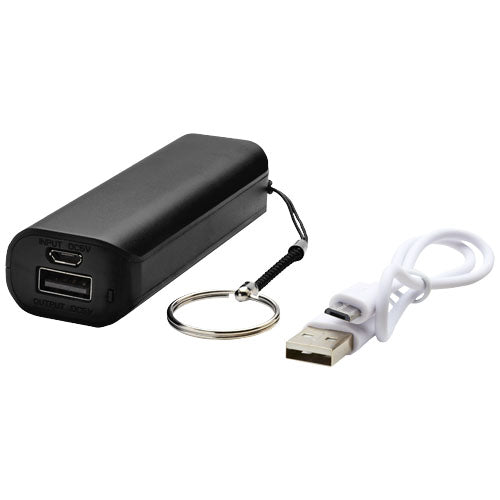 Schwarze Span 1200 mAh Powerbank mit Logo bedruckbar, USB-Kabel; Signalshop.de Werbeartikel Giveaway.