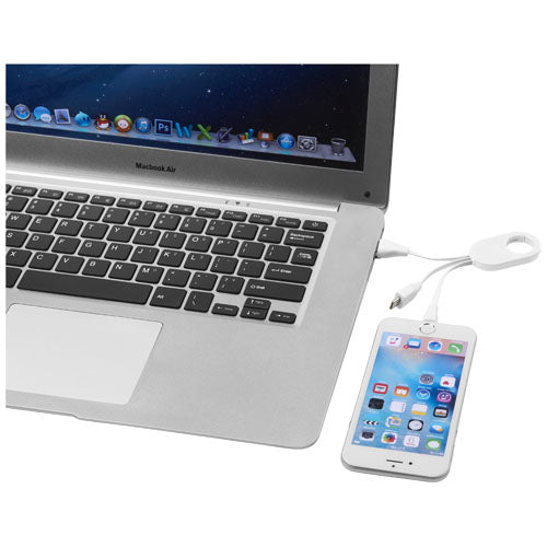 Troop 3-in-1 Ladekabel, weiß, mit MFI-Anschluss, verbunden mit Laptop und iPhone, Signalshop.de Werbeartikel.