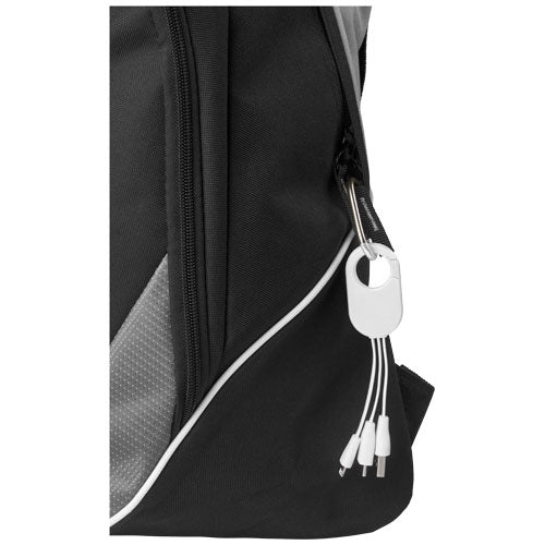 Schwarzes 3-in-1 Ladekabel Troop, individuell gestaltbar, am Rucksack, ideal für iPhones und Tablets, Signalshop.de Werbeartikel.
