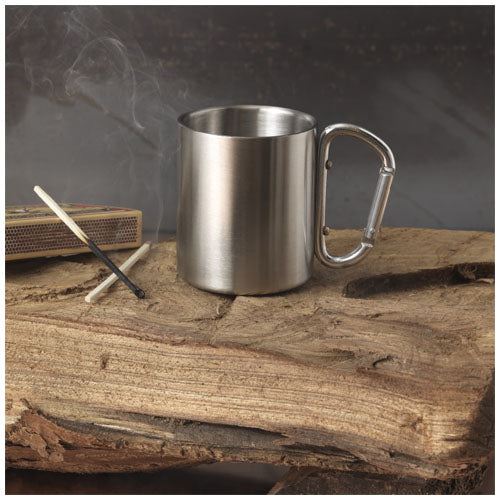 Alps 200 ml Edelstahl-Isolierbecher mit Karabinergriff, individuell bedruckbar, erhältlich bei Signalshop.de für Werbeartikel.