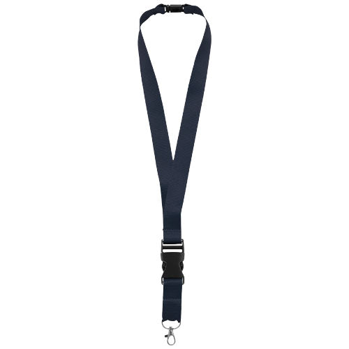 Blaues Yogi Lanyard mit Sicherheitsverschluss von Signalshop.de, ideal für Werbeartikel und individuell bedruckbar.