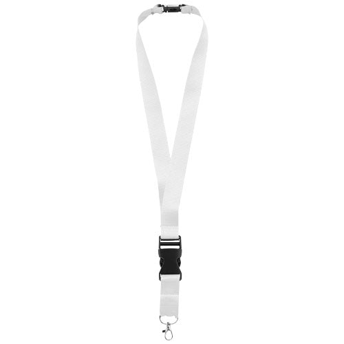 Weißes Yogi Lanyard mit Sicherheitsverschluss, individuell bedruckbar, von Signalshop.de. Schlüsselband als Werbeartikel.