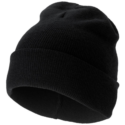 Schwarze Irwin Mütze aus Strick, individuell gestaltbar mit Logo, von Signalshop.de. Werbeartikel, Werbegeschenke.