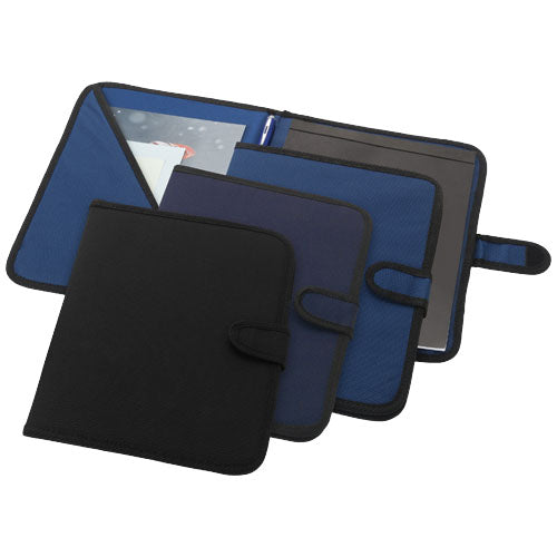 Schwarze und blaue A4-Schreibmappe aus Stoff, individuell gestaltbar mit Logo, von Signalshop.de; Werbeartikel, Werbegeschenke, Werbemittel, Giveaway.