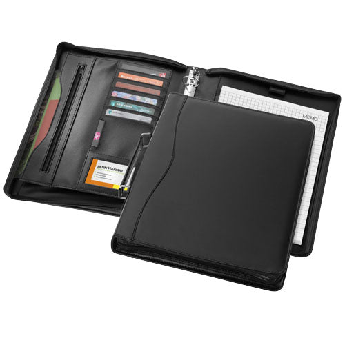 Schwarze Ebony A4 Aktenmappe aus Leder mit Fächern, individuell gestaltbar, von Signalshop.de; Werbeartikel, Werbegeschenke.