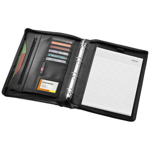 Schwarze Ebony A4 Aktenmappe aus Leder mit Ringbuch und Fächern, individuell mit Logo bedruckbar, bei Signalshop.de Werbeartikel.