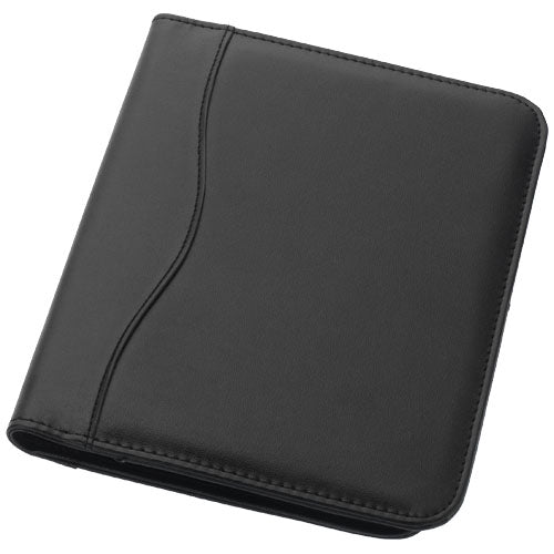Schwarze A5-Schreibmappe aus Leder, individuell mit Logo gestaltbar, von Signalshop.de, ideal als Werbeartikel.