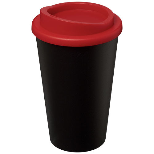 Schwarzer Americano® 350 ml Isolierbecher mit rotem Deckel, individuell bedruckbar, erhältlich bei Signalshop.de, idealer Werbeartikel.
