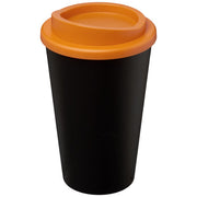 Schwarzer Americano® 350 ml Isolierbecher mit orangefarbenem Deckel, individuell gestaltbar, Signalshop.de Werbeartikel
