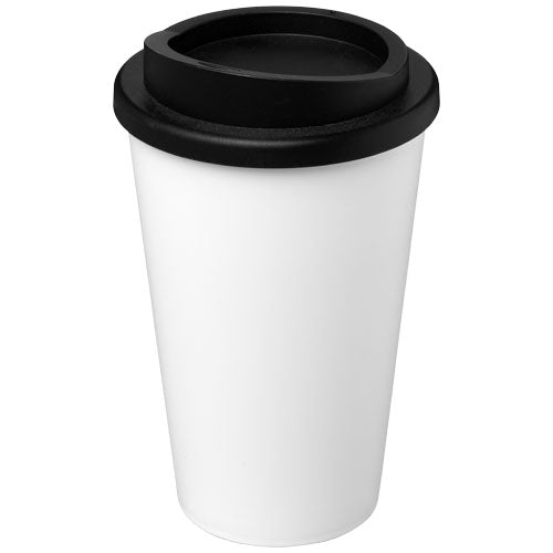 Weißer Americano® 350 ml Isolierbecher aus Kunststoff mit schwarzem Deckel, bedruckbar mit Logo, Signalshop.de Werbeartikel.