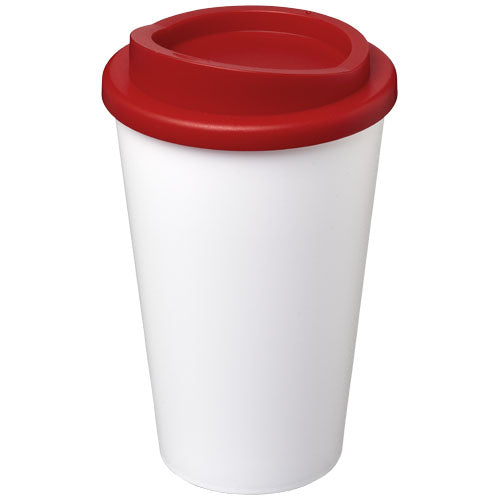 Weißer Americano® 350 ml Isolierbecher mit rotem Deckel, individuell bedruckbar, Signalshop.de Werbeartikel.