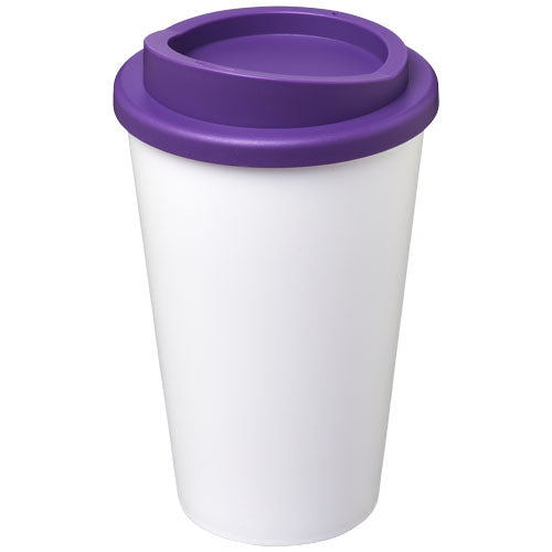 Weißer Americano® 350 ml Isolierbecher mit lila Deckel von Signalshop.de, individuell bedruckbar, ideal als Werbeartikel.