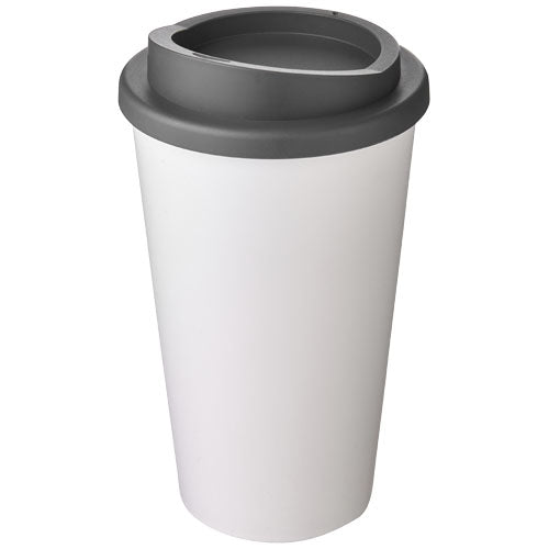 Weißer Americano® 350 ml Isolierbecher mit grauem Deckel, individuell gestaltbar mit Logo, erhältlich bei Signalshop.de; ideal als Werbeartikel, Werbegeschenke, Werbemittel, Giveaway.