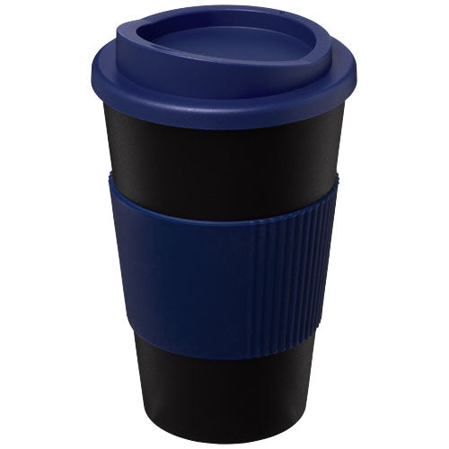 Schwarzer Americano® 350 ml Isolierbecher mit blauem Schutzring, individuell bedruckbar bei Signalshop.de, ideal als Werbeartikel.