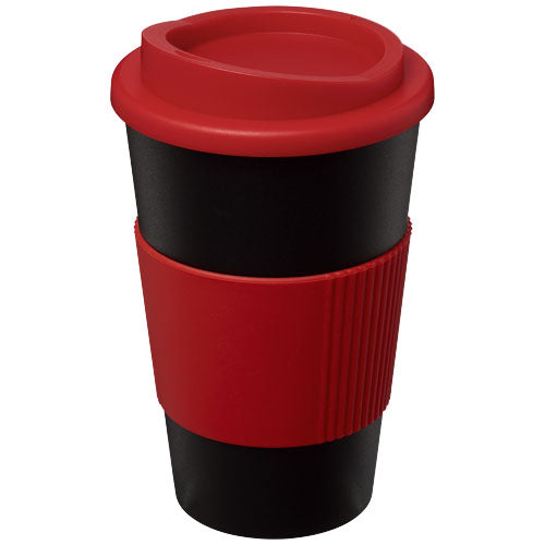 Schwarzer Americano® 350 ml Isolierbecher mit rotem Schutzring, individuell bedruckbar, Signalshop.de Werbeartikel.