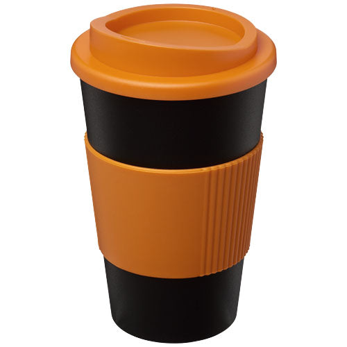 Schwarzer Americano® 350 ml Isolierbecher mit orangenem Schutzring, individuell bedruckbar, von Signalshop.de, Werbeartikel, Werbegeschenke, Werbemittel, Giveaway.