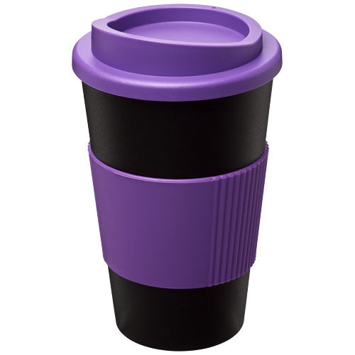 Schwarzer Americano® 350 ml Isolierbecher mit lila Schutzring, individuell bedruckbar, Signalshop.de Werbeartikel.