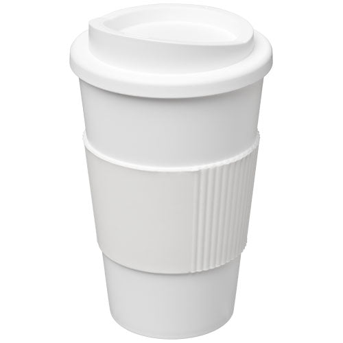 Weißer Americano 350 ml Isolierbecher mit Schutzring, individuell bedruckbar, erhältlich bei Signalshop.de für Werbeartikel.
