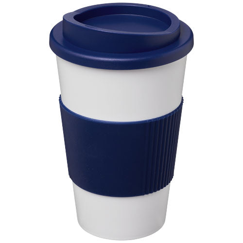 Weißer Americano® 350 ml Isolierbecher mit blauem Schutzring, individuell bedruckbar, Signalshop.de Werbeartikel