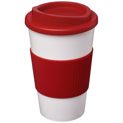 Weißer Americano® 350 ml Isolierbecher mit rotem Schutzring, individuell bedruckbar, Signalshop.de Werbeartikel