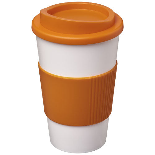 Americano® 350 ml Isolierbecher in Weiß mit orangenem Schutzring, individuell bedruckbar, Signalshop.de Werbeartikel.