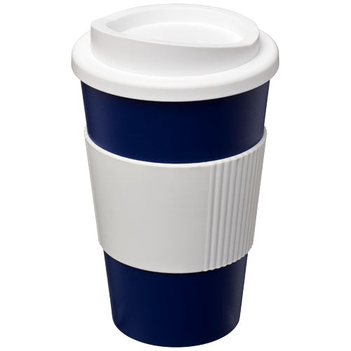 Blauer Americano® 350 ml Isolierbecher mit weißem Schutzring, bedruckbar mit Logo, von Signalshop.de. Werbeartikel, Werbegeschenke, Werbemittel, Giveaway.