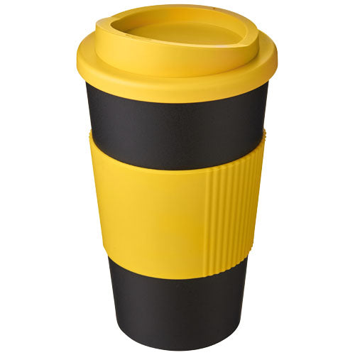 Gelb-schwarzer Americano® 350 ml Isolierbecher mit Schutzring, individuell bedruckbar, Signalshop.de Werbeartikel