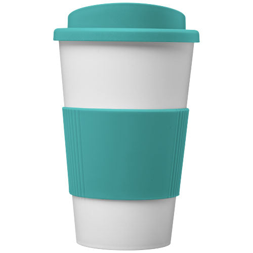 Weißer Americano® 350 ml Isolierbecher mit türkisfarbenem Schutzring, individuell bedruckbar, Signalshop.de Werbeartikel.