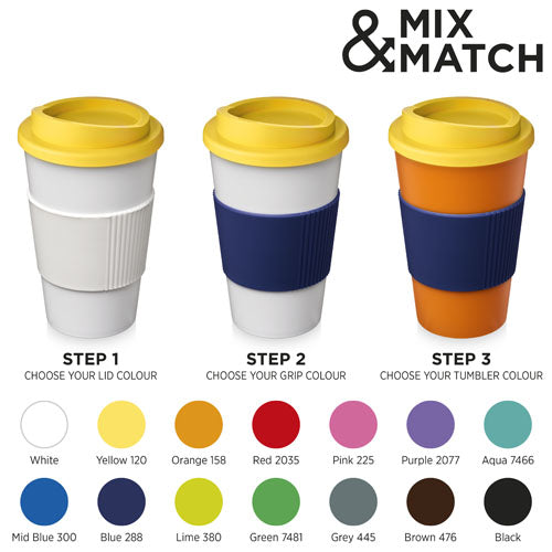 Americano® 350 ml Isolierbecher in Weiß mit gelbem Deckel und blauem Schutzring, individuell bedruckbar bei Signalshop.de. Werbeartikel, Werbegeschenke, Werbemittel, Giveaway.