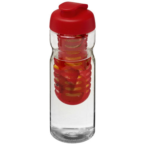 Transparente Sportflasche mit rotem Klappdeckel und Fruchtinfusor, individuell gestaltbar bei Signalshop.de; Werbeartikel, Werbegeschenke, Werbemittel, Giveaway.