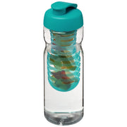 Transparente Sportflasche mit türkisfarbenem Klappdeckel und Fruchtinfusor, individuell bedruckbar bei Signalshop.de. Werbeartikel, Werbegeschenke, Werbemittel, Giveaway.
