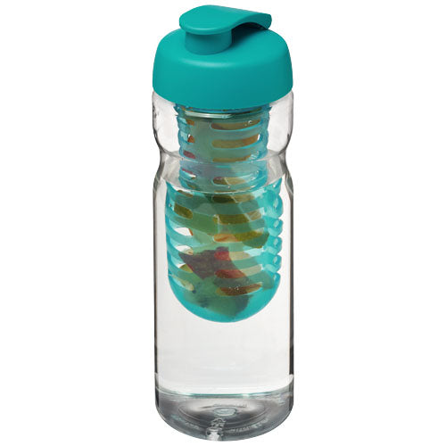 Transparente Sportflasche mit türkisfarbenem Klappdeckel und Fruchtinfusor, individuell bedruckbar bei Signalshop.de. Werbeartikel, Werbegeschenke, Werbemittel, Giveaway.