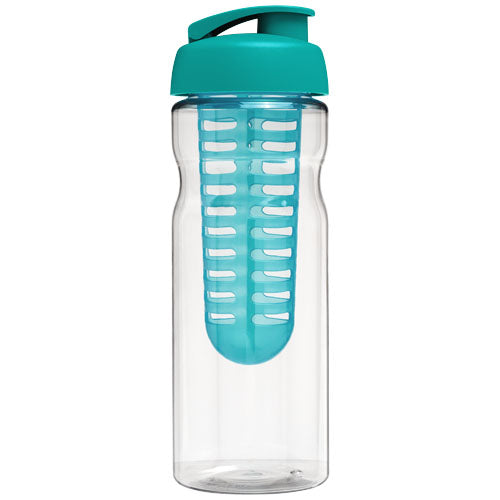 Transparente Sportflasche mit türkisfarbenem Klappdeckel und Fruchtinfusor, individuell bedruckbar bei Signalshop.de, Werbeartikel.