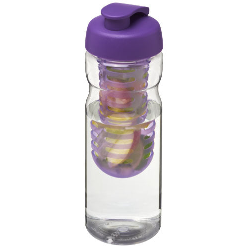 Transparente Sportflasche 650 ml mit lila Klappdeckel und Fruchtinfusor, individuell bedruckbar, Signalshop.de Werbeartikel