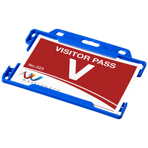 Blauer Vega Kartenhalter aus recyceltem Kunststoff, individuell mit Logo bedruckbar, ideal fr Signalshop.de Werbeartikel.