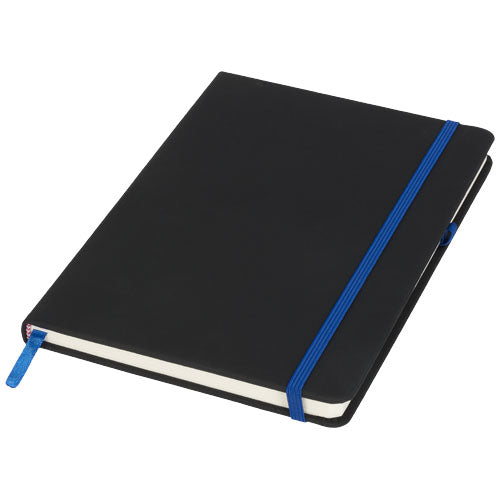 Noir A5 Notizbuch in Schwarz mit blauem Gummiband, individuell gestaltbar, Signalshop.de Werbeartikel.