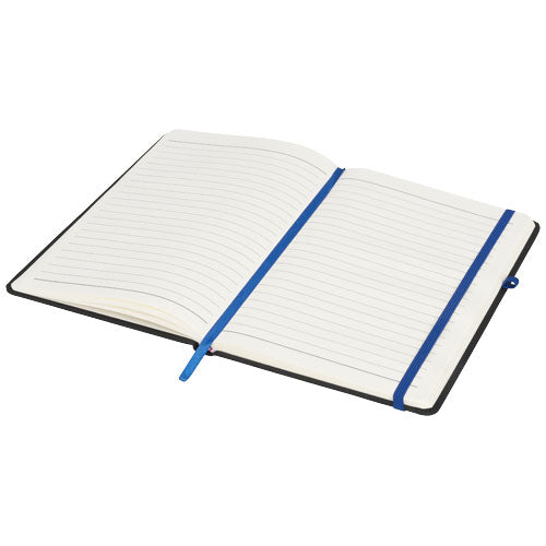 Noir A5 Notizbuch mit blauem Gummiband, individuell gestaltbar bei Signalshop.de, Werbeartikel, Werbegeschenke.
