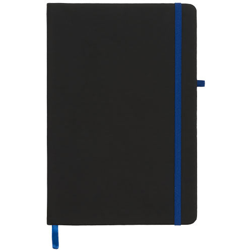Noir A5 Notizbuch in Schwarz mit blauem Gummiband, individuell gestaltbar bei Signalshop.de, Werbeartikel.