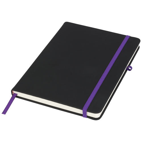 Noir A5 Notizbuch mit lila Gummiband, individuell bedruckbar, Signalshop.de Werbeartikel Giveaway.