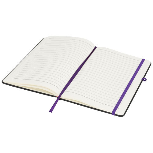 Noir A5 Notizbuch mit liniertem Papier, schwarzem Einband und violettem Band, individuell bedruckbar, Signalshop.de Werbeartikel, Werbegeschenke, Werbemittel, Giveaway.