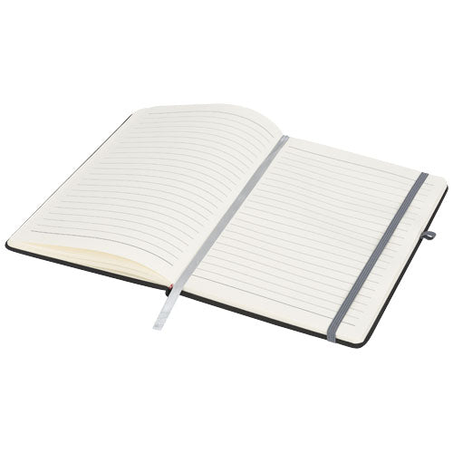 Noir A5 Notizbuch mit schwarzem Einband, offen, individualisierbar mit Logo bei Signalshop.de; Werbeartikel, Werbegeschenke, Werbemittel, Giveaway.